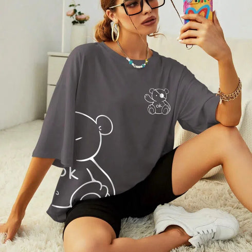 Womans Cotton T-Shirts Kawaii OK Teddy Bear Graphic Tees