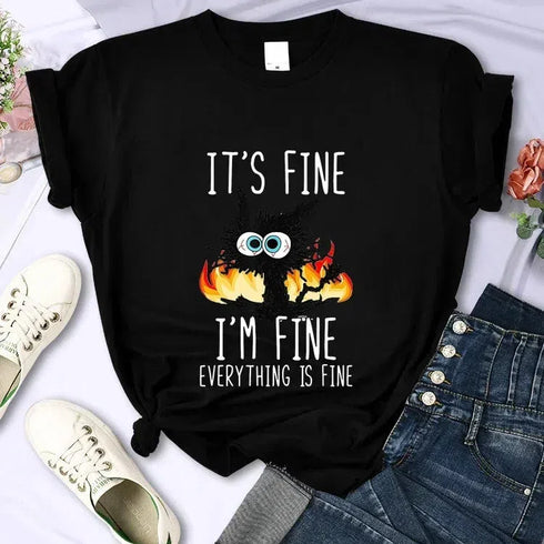 Oversized Black Cat T-Shirt - 'It's Fine, I'm Fine'
