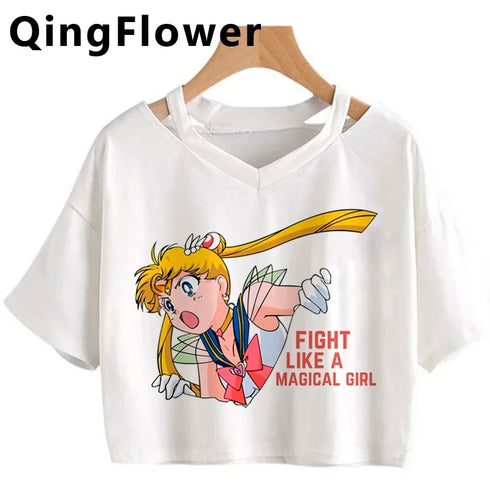 Kawaii Anime Cartoon Tee for Women - V-Neck Short Sleeve Top