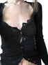 New Women´s Crop Tops, Long Sleeve Solid Color Jagged V Neck Lace Hem Button Down Slim Fit Shirt