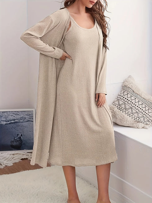 Khaki Plus Size Woven Casual Set for Women