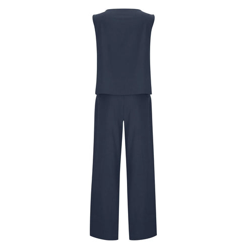 Women's Cotton Linen Sleeveless Top and Wide Leg Pants Set