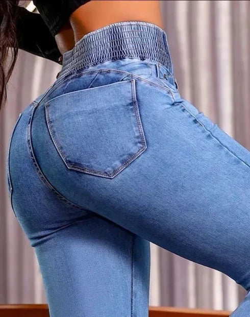 Elegant High Waist Slim Fit Jeans in Light Blue