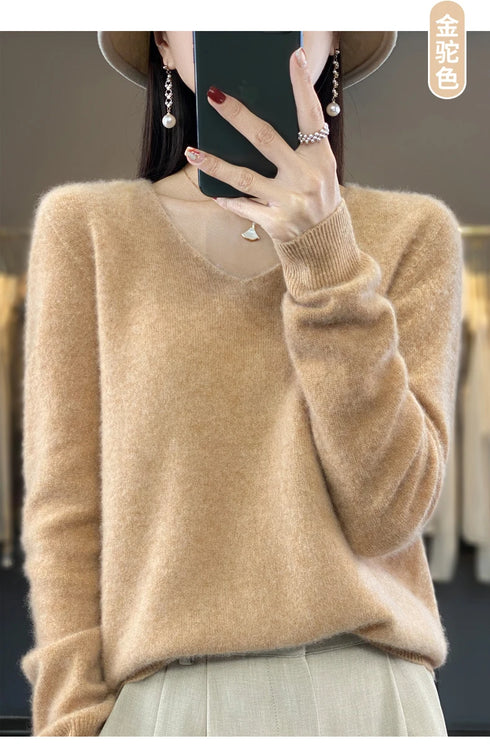100% Merino Wool V-Neck Pullover Sweater for Women