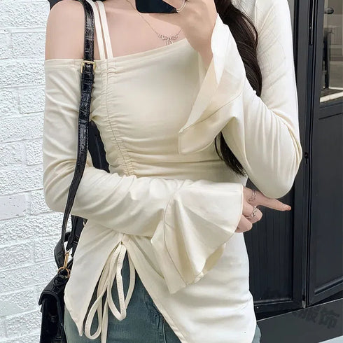 Chic Off Shoulder Long Sleeve Top with Flare Sleeves