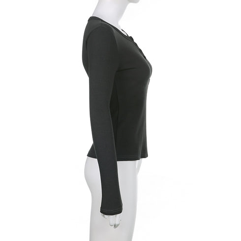 Y2K Slim Fit Brown Crop Top with Button Detail