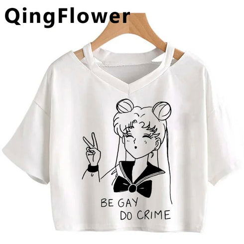 Kawaii Anime Cartoon Tee for Women - V-Neck Short Sleeve Top