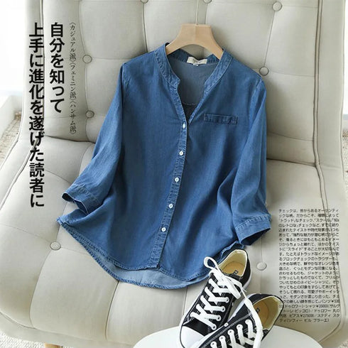 Blue Denim Lyocell Casual V-Neck Blouse