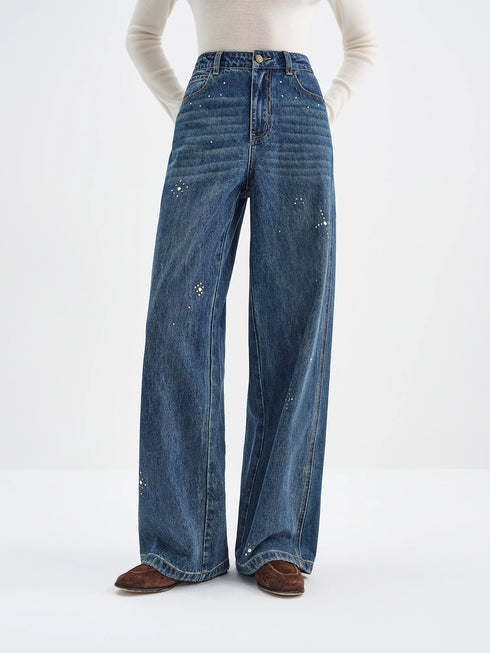 Retro Diamond Washed Straight Jeans for Women