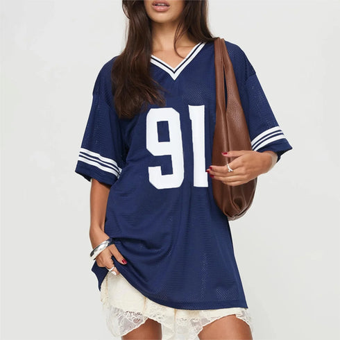 90s-Inspired Oversized Graphic V Neck T-Shirt for Women