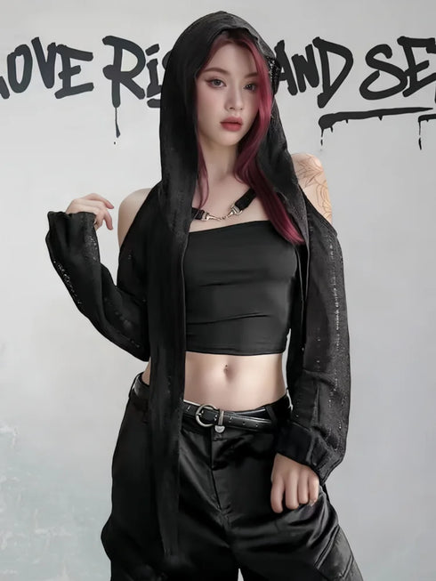 Hooded Long Sleeve Off Shoulder T-shirt