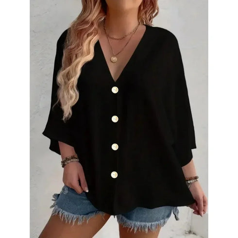 Women's Plus-size T-shirt Solid Color Breathable Spring/summer V-neck Button Travel Casual Wear with European and American Style
