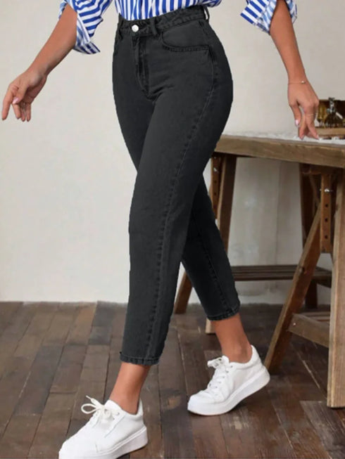 High Waist Straight Leg Denim Pants for Women