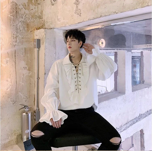 Victorian Gothic Ruffled Lace Up Blouse