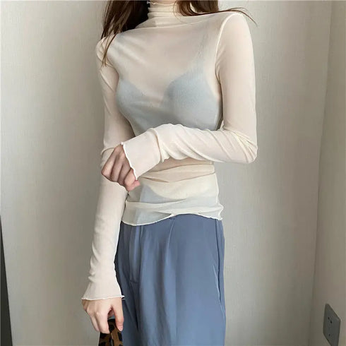 Sheer Long Sleeve Turtleneck Mesh Crop Top