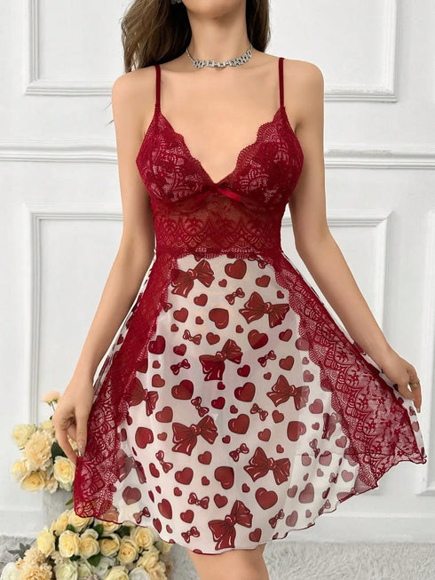 Lace Stitching Heart Bow Print Mesh Nightdress