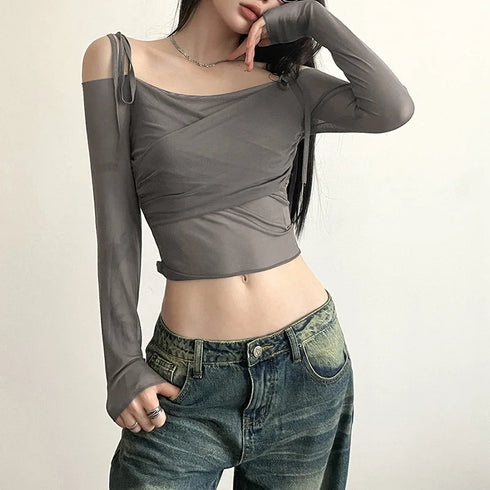 Women's Y2K Streetwear Solid Slash Neck Crop Top Sexy Off-Shoulder Long Sleeve Slim Mesh Tee Straps T-Shirt