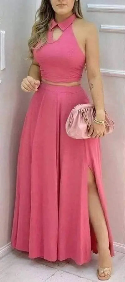 Women's Pink Two Piece Halter Collar Crop Top & Maxi Skirt