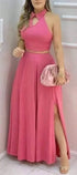 Women's Pink Two Piece Halter Collar Crop Top & Maxi Skirt