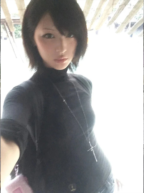 Y2K Japanese Long Sleeve Black Turtleneck Top for Women