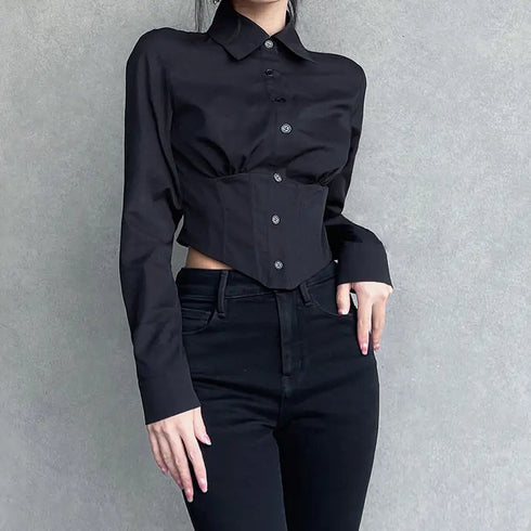 Zadily Long Sleeve Button-Up Crop Top in Black