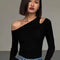 Fashion Skew Collar Off-shoulder Long-sleeved T-shirts Women Spring New Solid Slim Fit Crop Top Sexy Hollow Out Tees Shirts