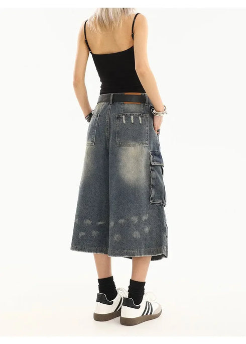 High Waist Vintage Blue Denim Cargo Pants