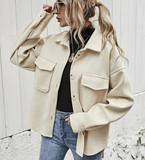 Lapel Single Breasted Wool Loose Coat for Women