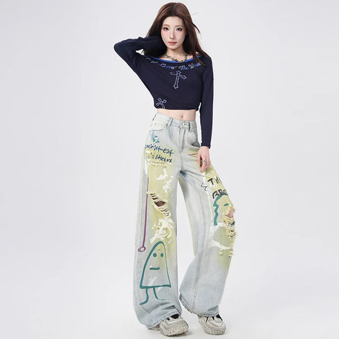 Trendy Y2K Vintage Wide Leg Jeans with Artistic Print