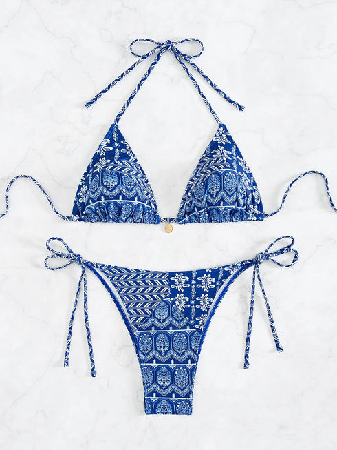 Floral Print Triangle Bikini Set with Brazilian Bottoms