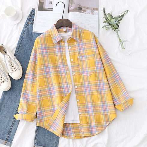 Elegant Women's Plaid Shirt 2025 New Ladies Large Size Casual Loose Lapel Long Sleeve Blouse&Tops Female Lapel Checked Clothing