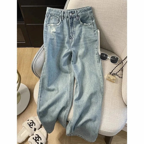 Womens High Waist Loose Fit Ripped Denim Jeans
