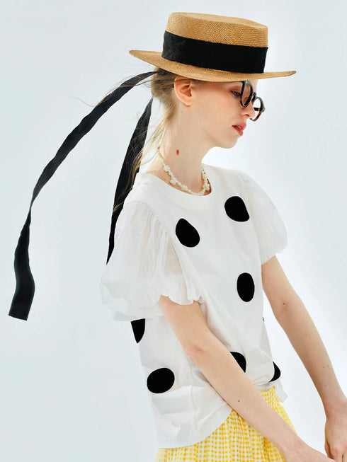 Women's White Polka Dot Puff Sleeve Blouse