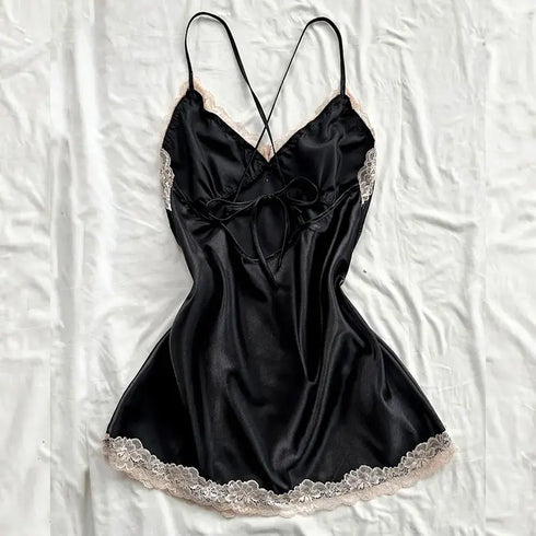 Lace Trim Satin Nightgown in Black