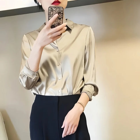 Elegant Satin Finish Long Sleeve Blouse for Women