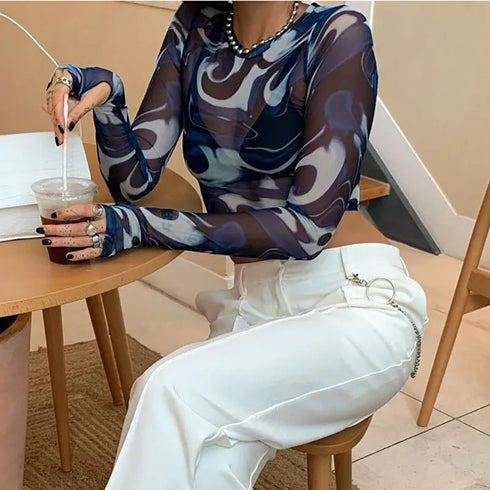 Sheer Print Mesh Crop Top with Long Sleeves