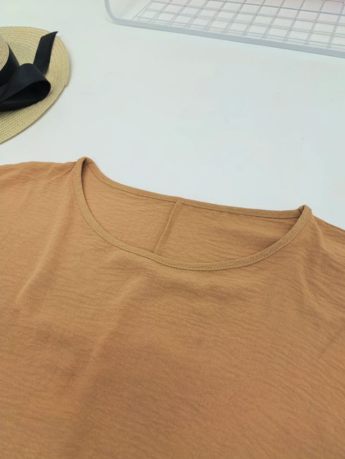 Plus size solid color khaki women round neck bat wing sleeves loose shirt waterfall top