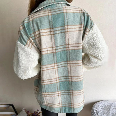 Lambs Wool Plaid Patchwork Long Sleeve Cardigan