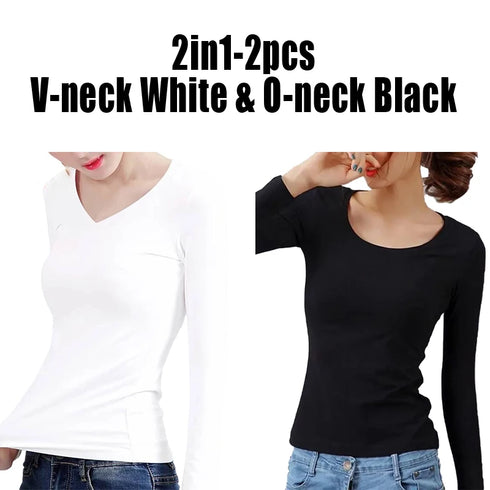 O Neck V Neck Long Sleeve Shirt Women Winter Bottoming Crop Tops Black Casual Slim Basic Velvet Heating Fiber Thermal T-Shirts