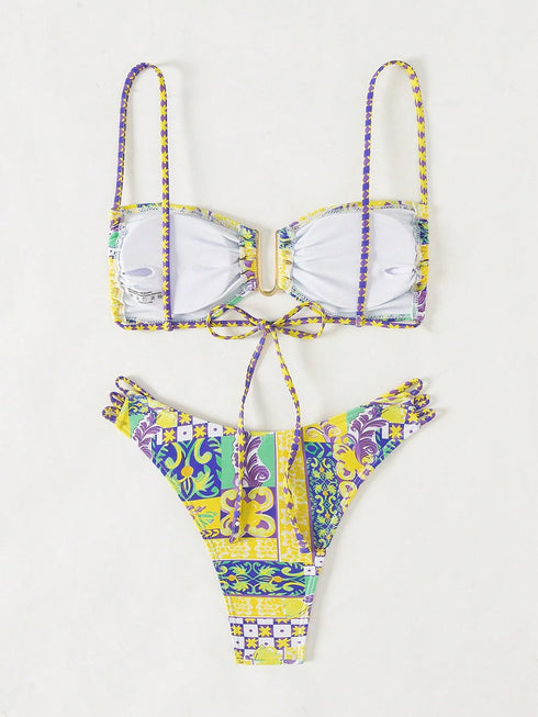Floral Lace-Up Bikini Set in Yellow