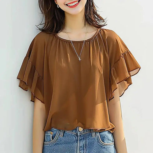 ZANZEA Women Chiffon Blouse Korean Casual Ruffle Short Sleeve Tops Shirt Elegant Ruffle Hem Blusas 2024 Summer Fashion Tunics