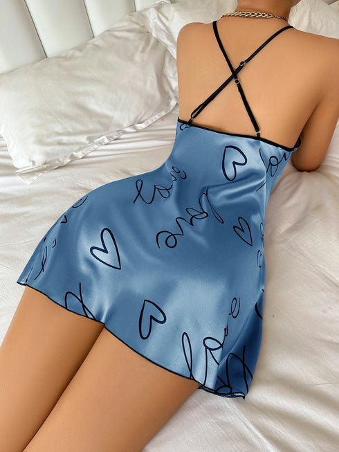 Heart Letter Print Spaghetti Strap Nightdress
