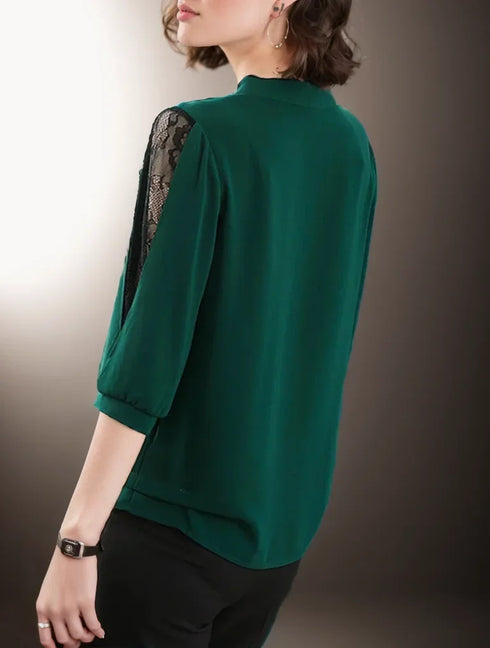 Casual Bow Tie Collar Blouse with Lace Sleeves