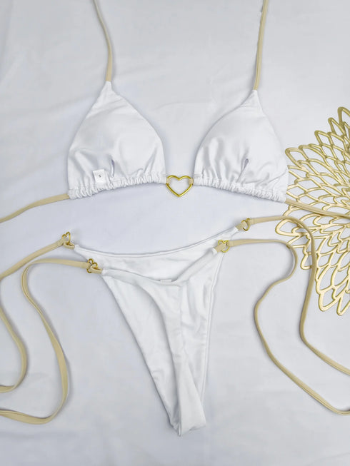 White Lace-Up Bikini Set for Women