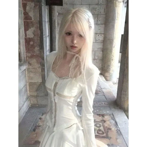 Genayooa Y2k Fairycore T Shirt Women Lace Patchwork Crop Tops Streetwear Japanese 2000s Grunge Tops E-girls Aesthetic Tshirts