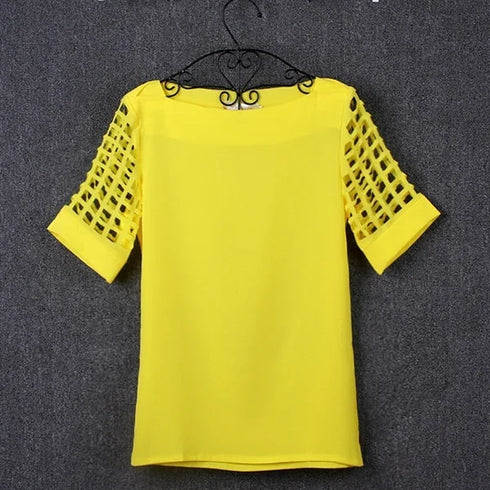 Summer Blouse Sexy Women Ladies Hollow Sleeve Slash Neck Loose Solid Shirts Casual Tops