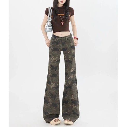 Chic Camouflage Wide Leg Jeans for Women