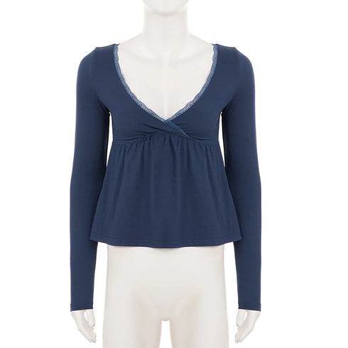 Lace Trim Patchwork V-Neck A-Line Long Sleeve Top