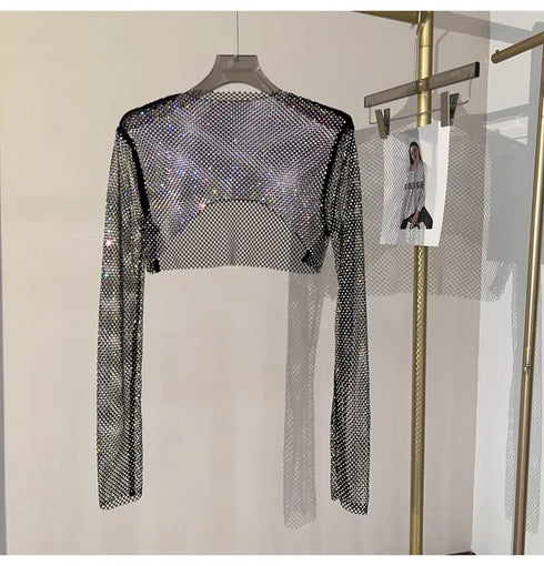 Hollow Out Rhinestone Long Sleeve Crop Top