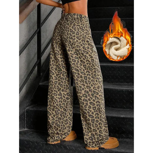 Slim Fit Leopard Print Thermal Jeans for Women